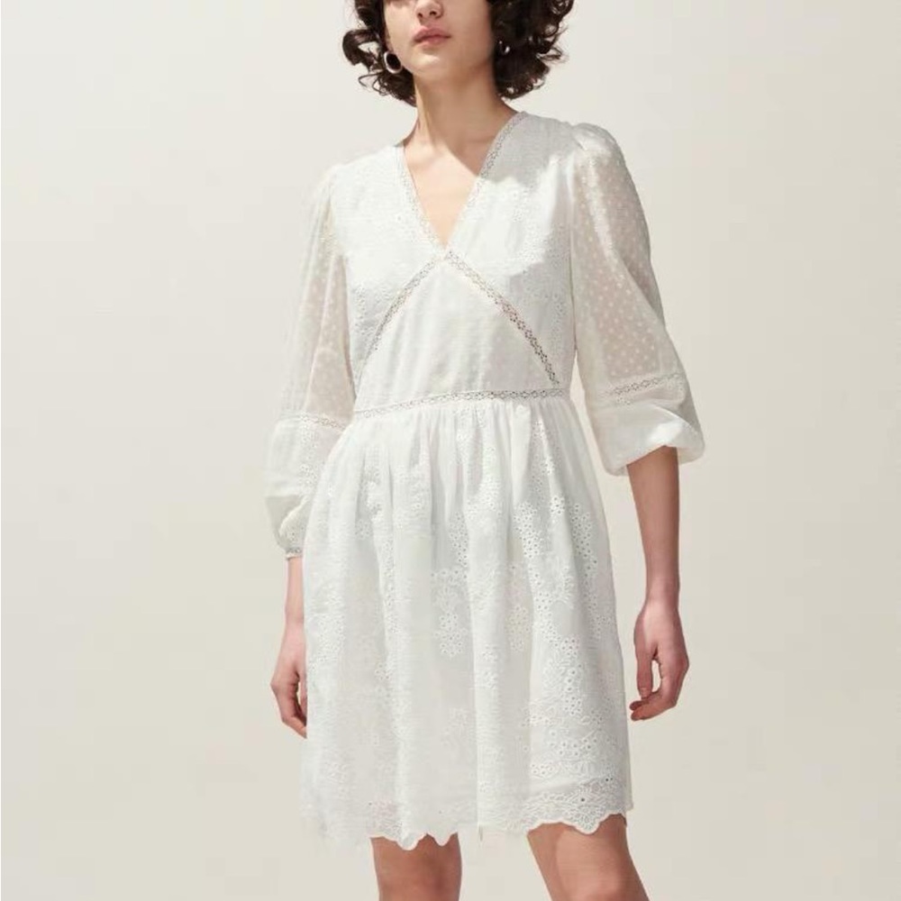 Claudie Pierlot Broderie Anglaise White Eyelet Lace Swiss Dot Dress
